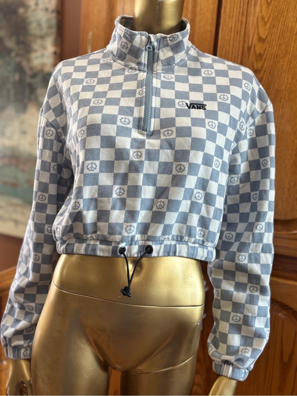 Vans Light Blue & White Checkerboard Peace Sign Half-Zip Crop Pullover